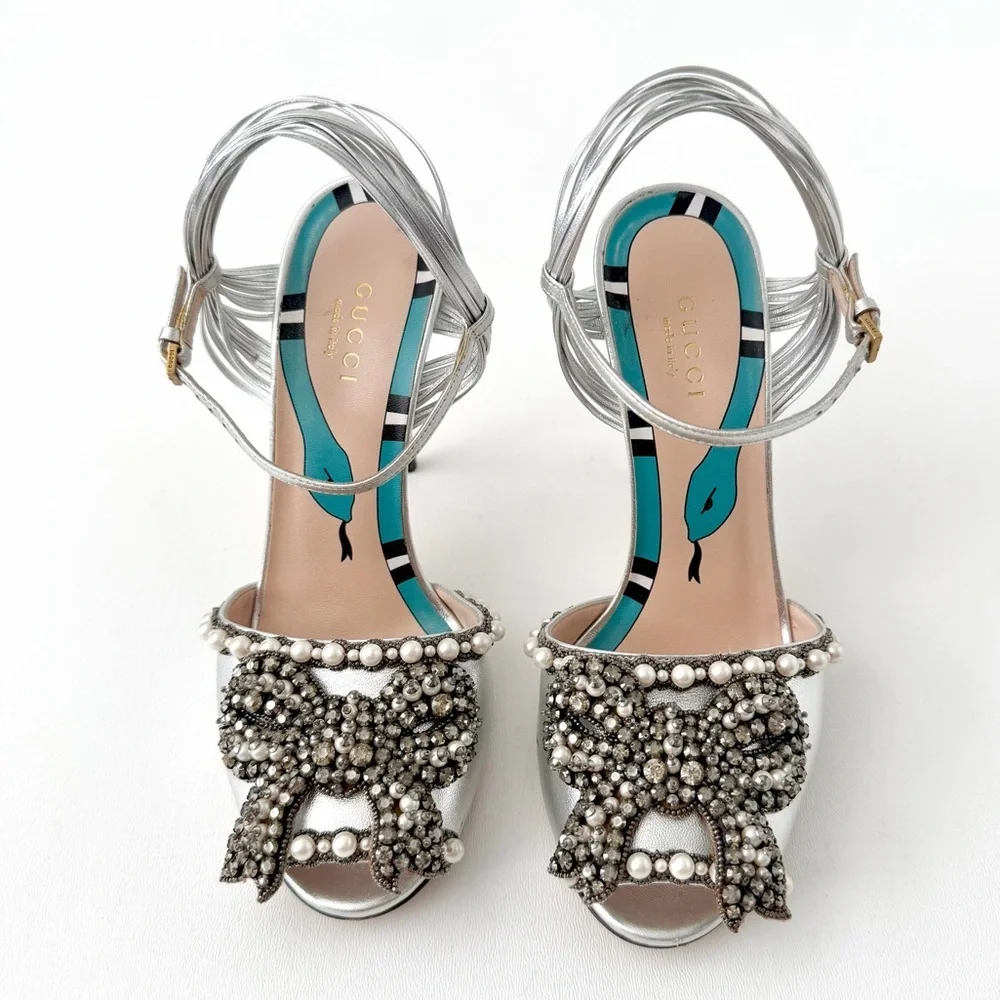 GUCCI || Allie Bow Metallic Pearl Crystal Bridal Sandals Silver Heels EU 36.5
